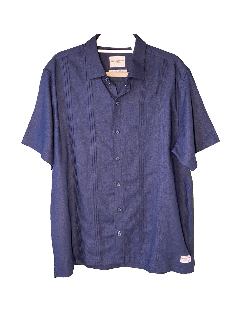 Scotch & Soda Mens Large Camp Shirt Blue Linen Coastal Beachy Casual Button Up